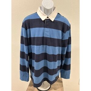 Scotch Soda Mens Rugby Polo Shirt Large Blue Navy Stripe Long Sleeve New